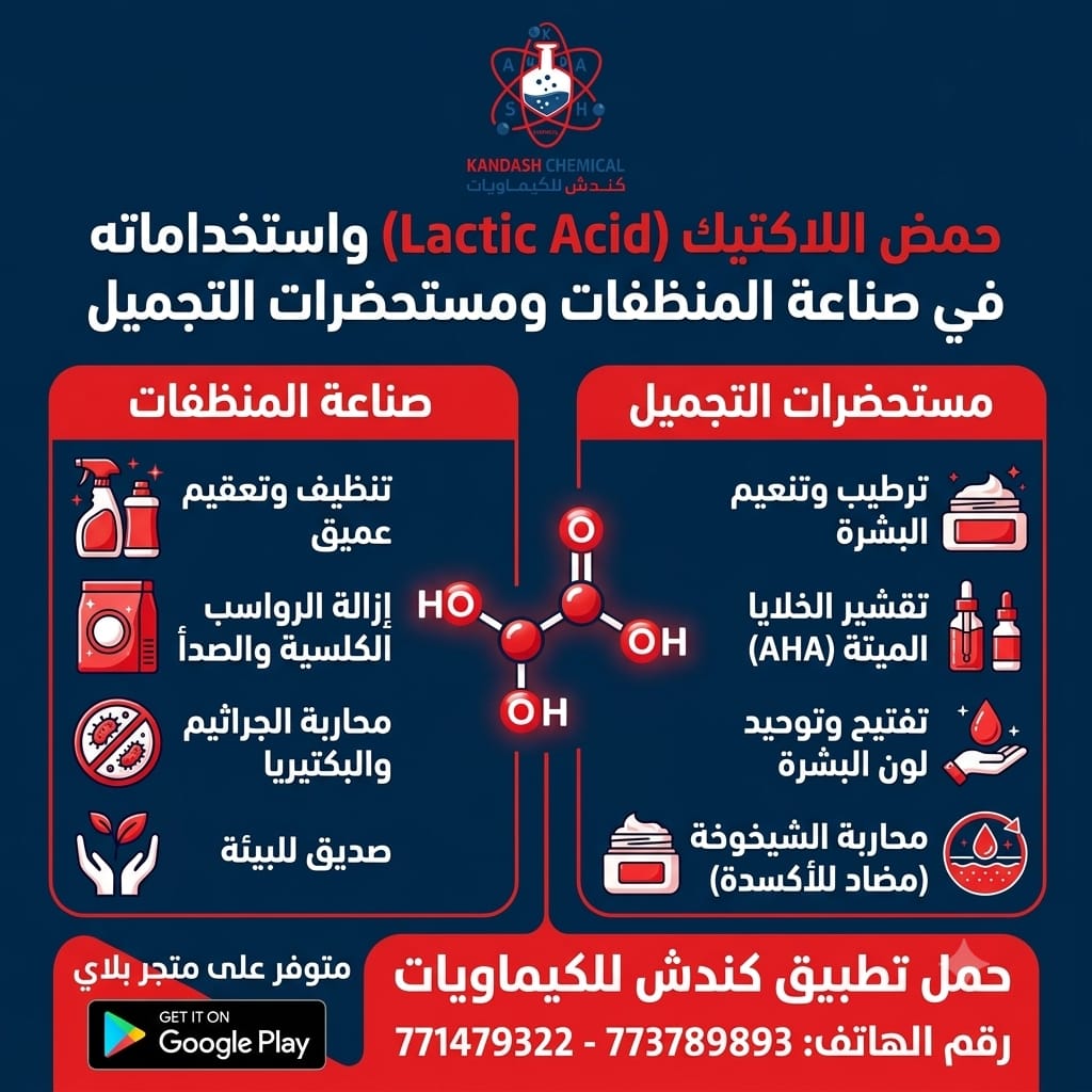حمض اللاكتيك (Lactic Acid) واستخداماته في صناعة المنظفات ومستحضرات التجميل